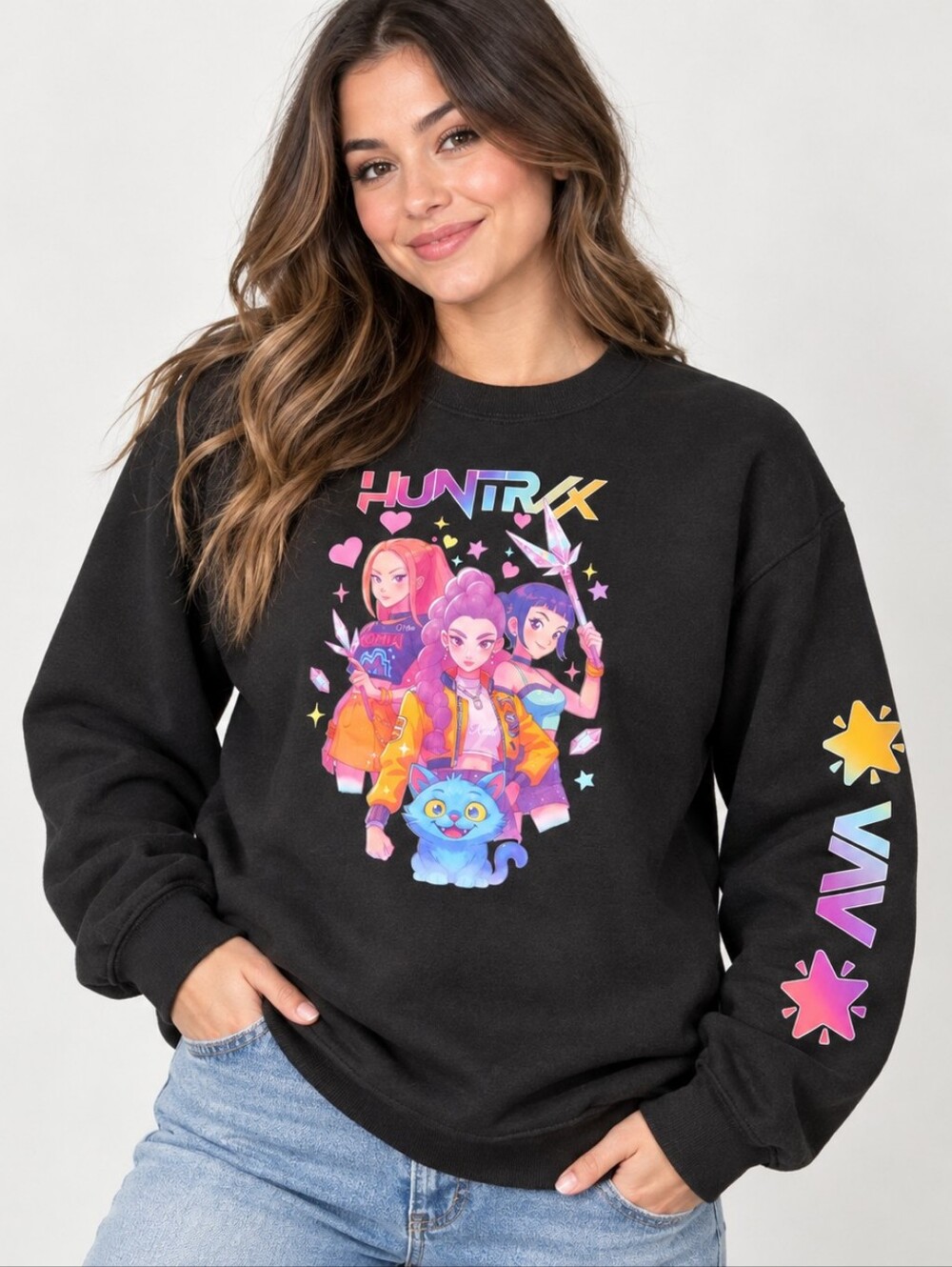 Huntrix Anime Graphic Crewneck Sweatshirt Girls Size L Black Kpop Demon Hunters